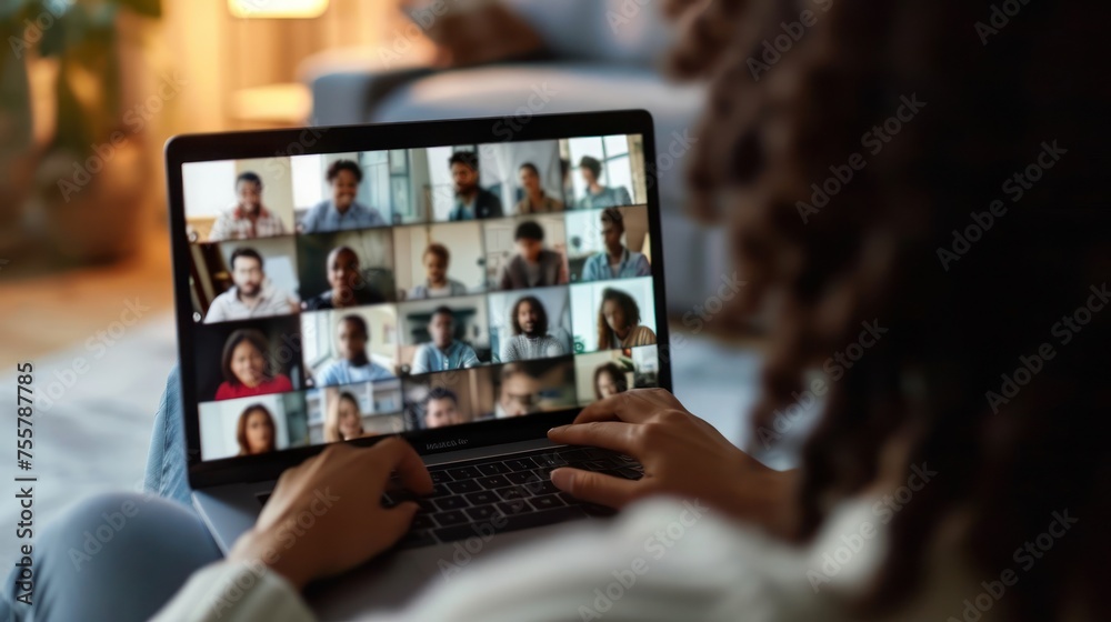 Woman Using Laptop With Group of People on Screen Generative AI Woman Using Laptop With Group of People on Screen Generative AI
