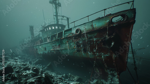 Ghostly sunken ship lies in eerie underwater silence, a relic overtaken by the ocean's embrace.