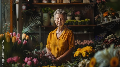 Generate a photograph-style image, hyper-realistic depicting an Australian flower shop owner standing in front of her store, © sambath