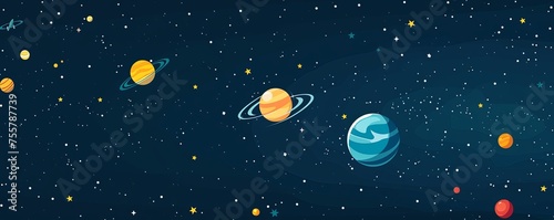Earth planet orbit on solar system universe, moon, stars flat cartoon design,