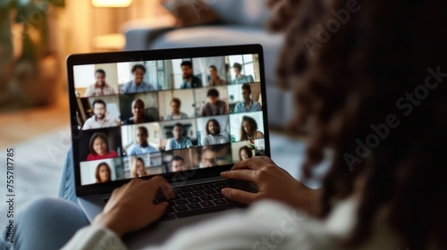 Woman Using Laptop With Group of People on Screen Generative AI