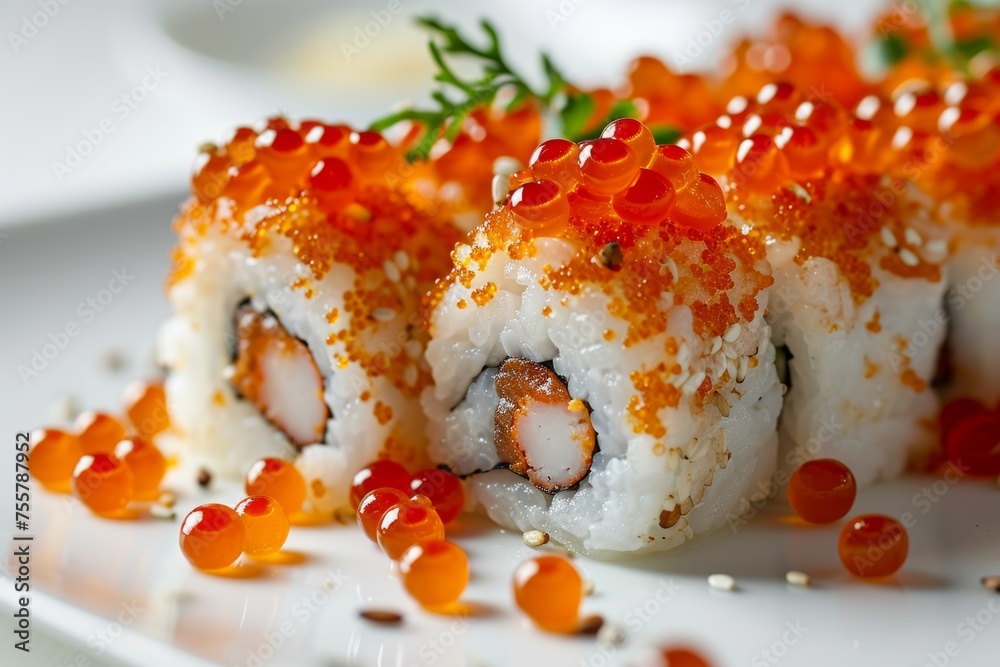 Close-up of uramaki sushi rolls topped with radiant red caviar on a pristine white plate Close-up of uramaki sushi rolls topped with radiant red caviar on a pristine white plate
