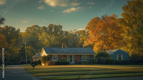 Autumn Twilight Over a Suburban Home