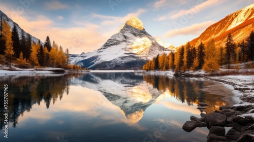 The reflection of a mountain in a golden lake