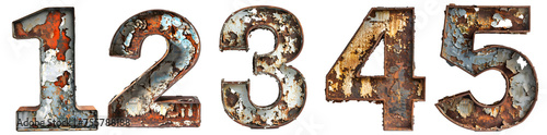 Old Rusty Metal Number 1, 2, 3, 4, 5 Isolated on transparent background cutout - Generative AI	