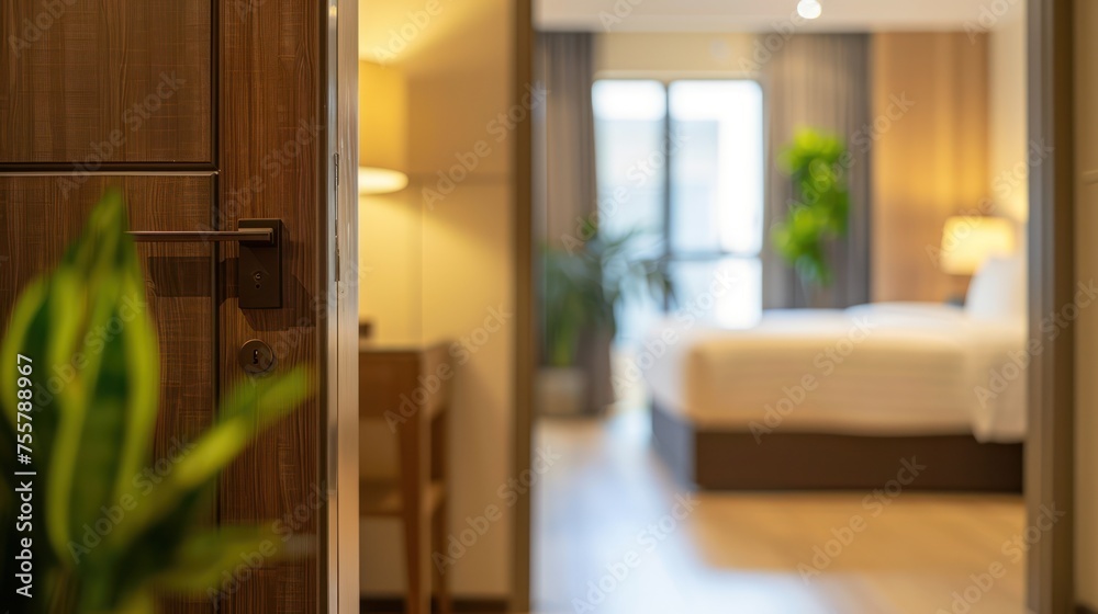 Hotel interior room, Condominium or apartment doorway with open door in front of blur bedroom background Hotel interior room, Condominium or apartment doorway with open door in front of blur bedroom background