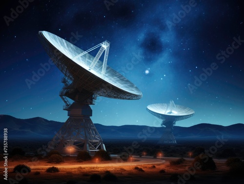 Radio telescopes with beautiful Milky Way sky view at night.