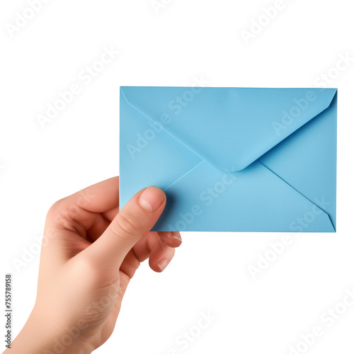 A hand holds a blue envelope on a white or transparent background. Close-up of a hand holding a paper envelope. To be inserted into a design or project.