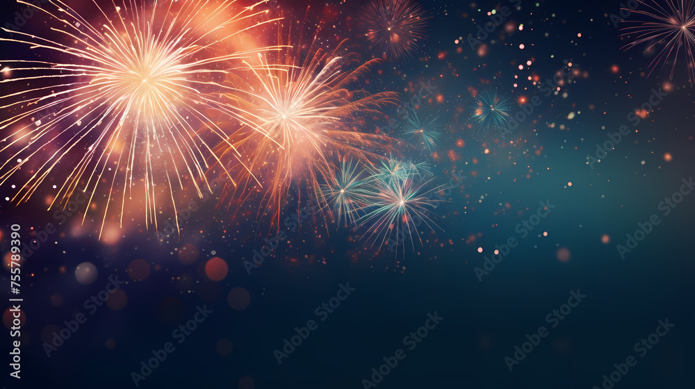 Fototapeta premium Happy New Year, burning fireworks with bokeh light background