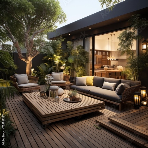 Beautiful view of garden furniture evening terrace with candles  wine and lights. 