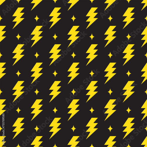 Yellow lightning bolt vector seamless pattern on black background.