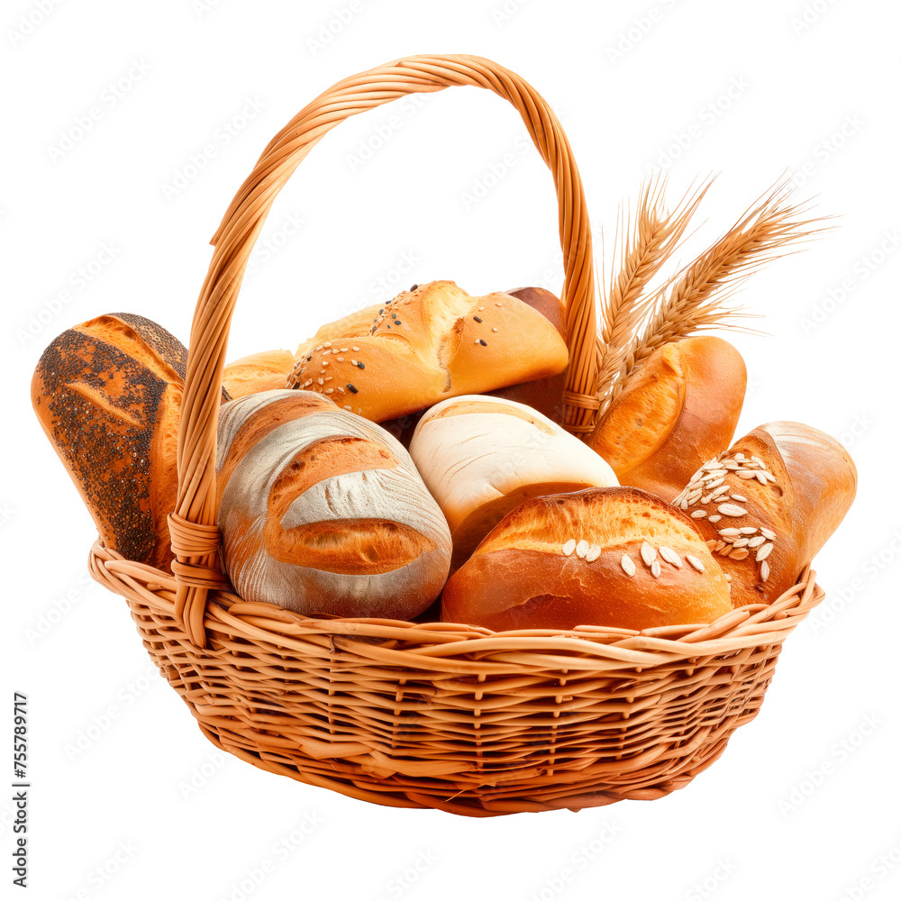 Freshly baked bread in a basket on a white or transparent background. Side view of a full basket of bread from a bakery. Isolate on the theme of fresh baked goods.