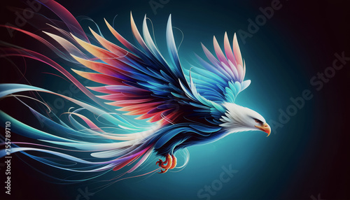 An eagle in flight depicted with vibrant, colourful feathers, embodying freedom and grace.