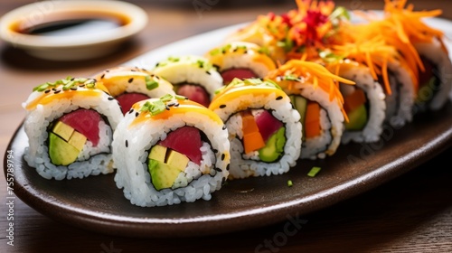 A plate of colorful and nutritious sushi rolls