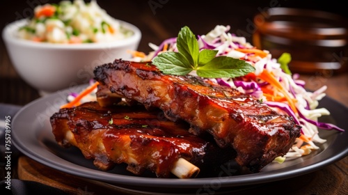A plate of delectable and succulent bbq ribs with coleslaw