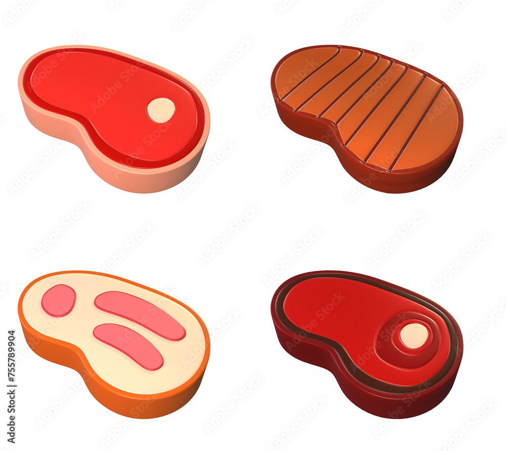 cartoon steaks of varying degrees of readiness on a white background 3d rendering - obrazy, fototapety, plakaty 