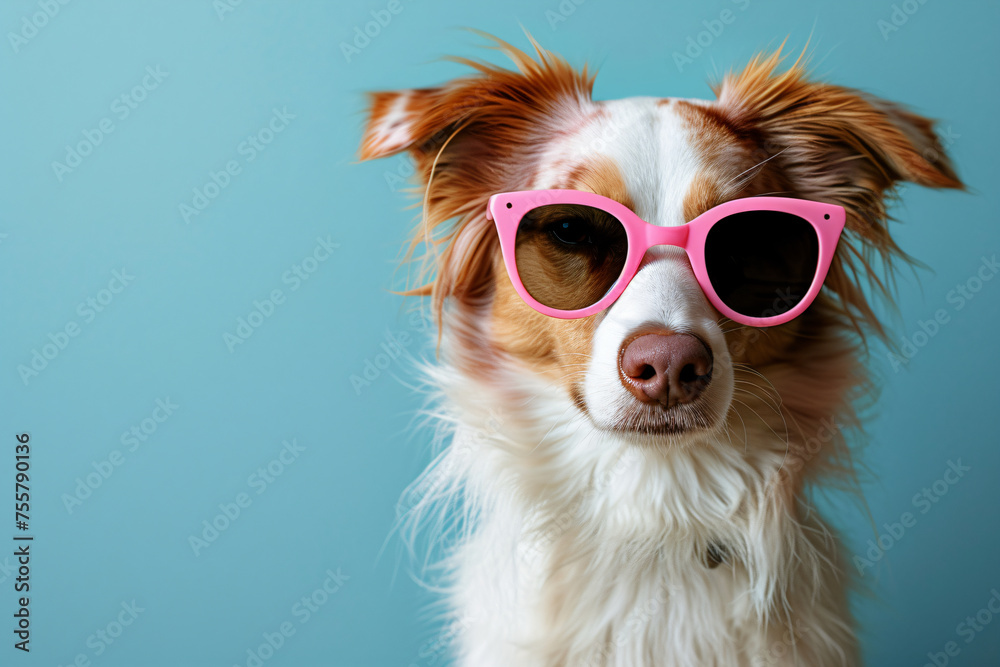 Closeup portrait of cute funny dog in fashion sunglasses on bright blue background. Border collie ready for summer vacation or holiday. Fashion, style, cool pet concept with copy space	