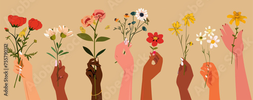 Set of female hands holding beautiful flowers. Different skin colored elegant woman hands isolated. Happy international women's day. Girl power. Feminism. Modern vector illustration in flat style