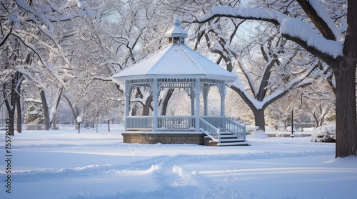 A snow covered gazebo in a city park