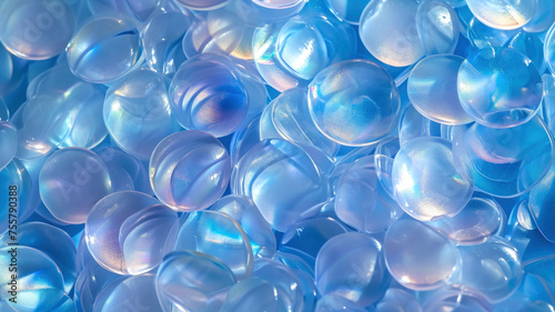 Wallpaper Mural blue transparent moonstones with hollagraphic shine. Spheres are scattered throughout the image, creating a sense of depth and movement. The scene is full of playfulness and whimsy Torontodigital.ca