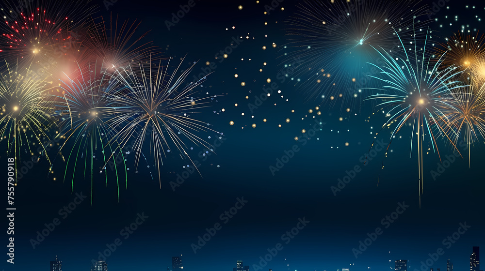 Naklejka premium Happy New Year, burning fireworks with bokeh light background