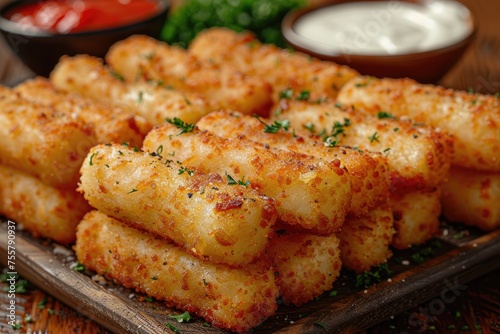 a plate of Mozzarella Sticks in the kitchen table professional advertising food photography