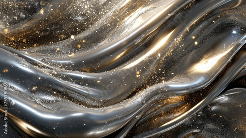Liquid metallic waves intertwining with cascading sparkles, creating a mesmerizing symphony of motion.