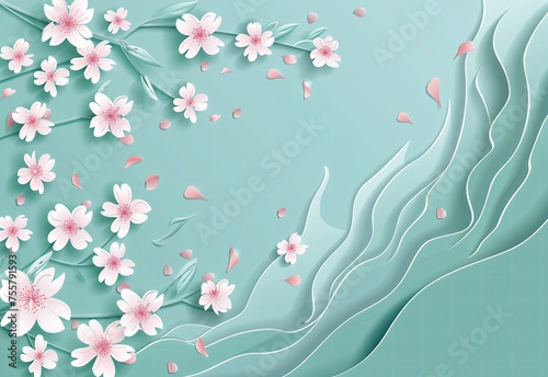 3D Paper Cut Cherry Blossoms on Blue Background for Spring and Nature-Themed Designs