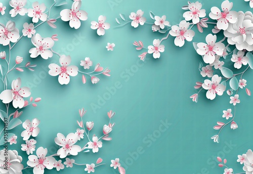 3D Paper Cut Cherry Blossoms on Blue Background for Spring and Nature-Themed Designs