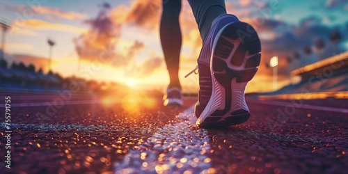 Close-up on a Runner's Shoes at Dusk on a Track Field with Dramatic Sunset Lighting photo