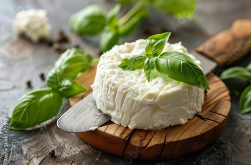 Fresh Homemade Ricotta Cheese with Basil on Wooden Board for Culinary and Recipe Content