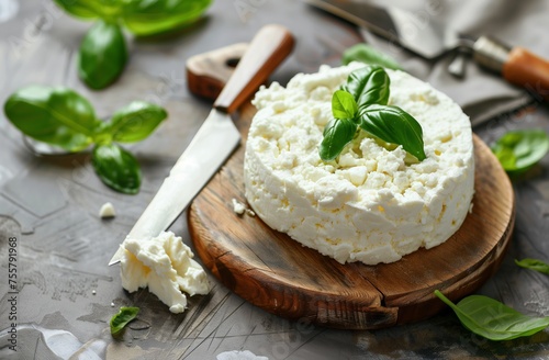 Fresh Homemade Ricotta Cheese with Basil on Wooden Board for Culinary and Recipe Content