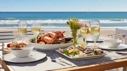 A beachside table setting with a seafood feast