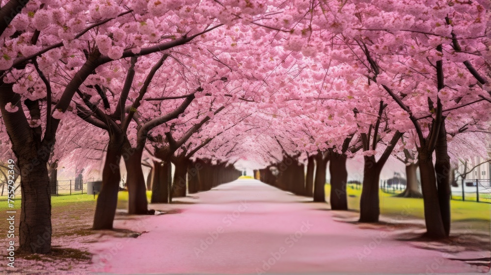 A border of delicate cherry blossoms in bloom A border of delicate cherry blossoms in bloom