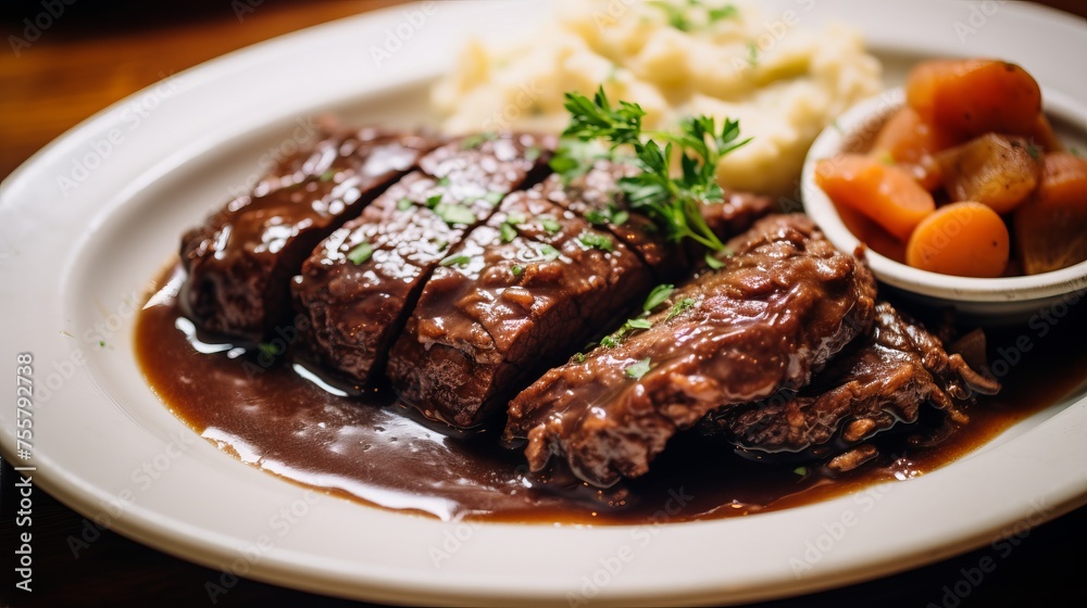 A closeup of a plate of hearty sauerbraten A closeup of a plate of hearty sauerbraten