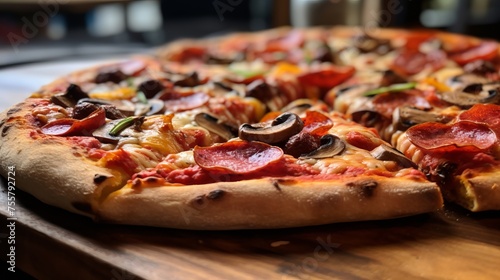 A closeup of a pepperoni and mushroom pizza