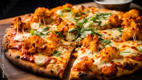 A closeup of a spicy buffalo cauliflower pizza