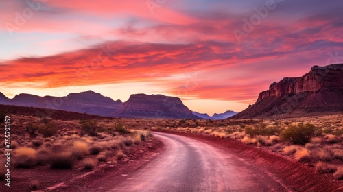 A desert road with a fiery, red pink sunrise