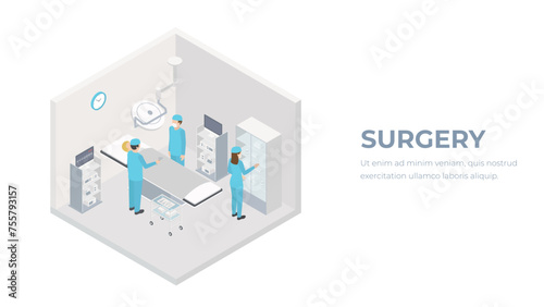 Vector isometric low poly hospital operating room. Includes operating table, x-ray scanner, anesthesia machine and other equipment.