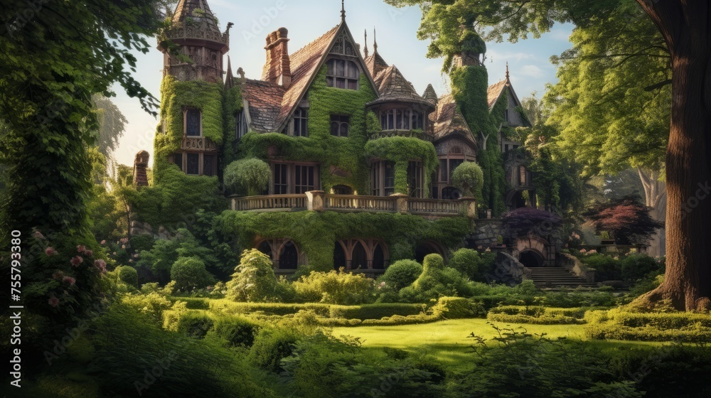 Fototapeta premium A haunted mansion with overgrown gardens