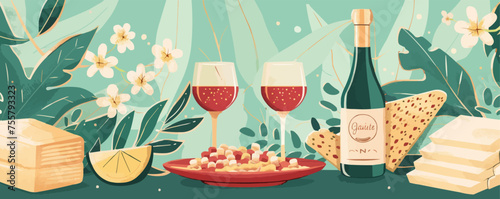 Passover holiday cute banner design with traditional seder plate, matzo and wine