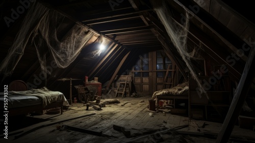 A haunted attic with cobwebs and old furniture