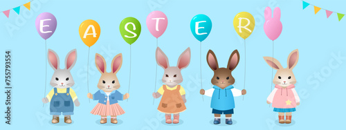 Happy Easter banner vector illustration, cute kid bunnies holding colorful balloon at party, Easter bunny rabbit character set on blue background. Sweet decorative spring holiday celebration.