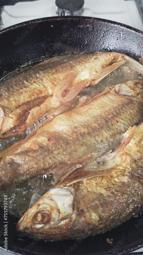 whole fish frying in a cast iron skillet with oil at domestic kitchen. whole fish frying in a cast iron skillet with oil at domestic kitchen.