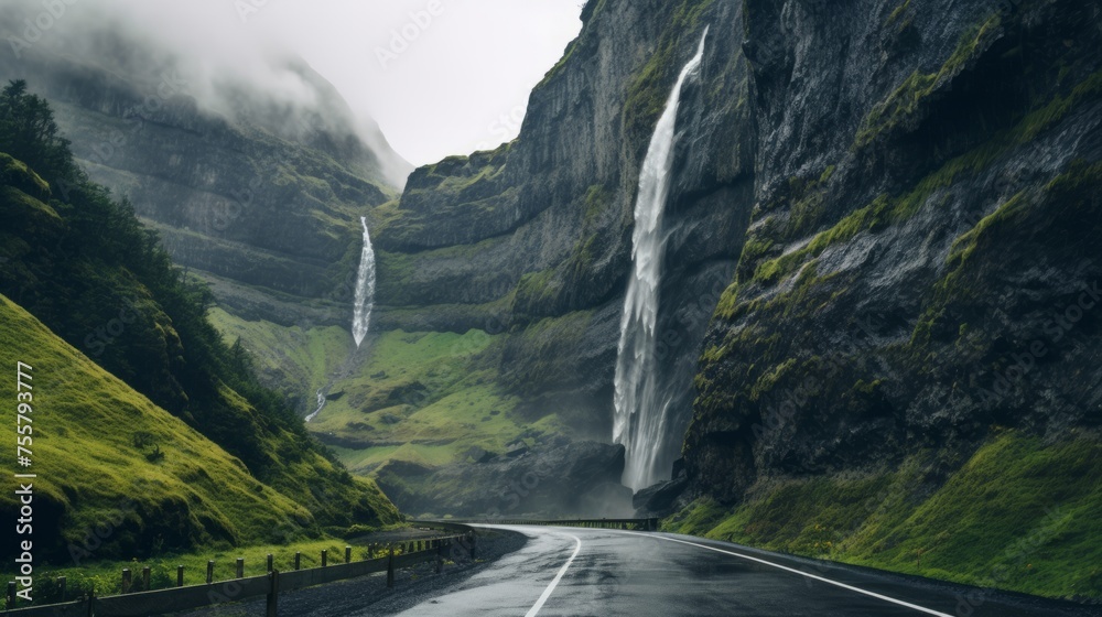 A mountain road with towering cliffs and waterfalls - obrazy, fototapety, plakaty 