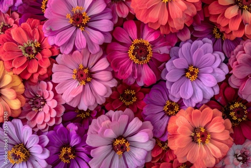 Abstract background with red and pink zinnia flowers  top view. Background of zinnia flowers in pink  red and purple colors with colorful blooms