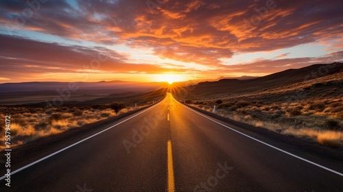 A road with a breathtaking sunrise on the horizon
