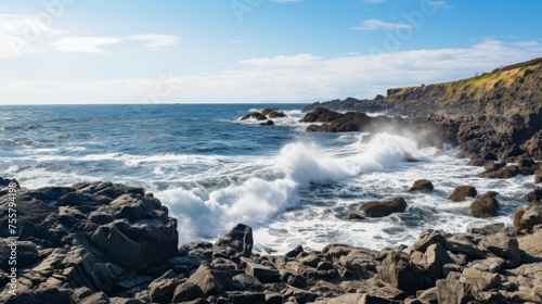 A rocky coastline with waves crashing on the shore