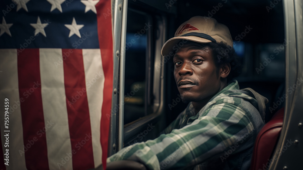 Afro American Man Truck Driver look out from Cab Of His Truck, background An American Flag.