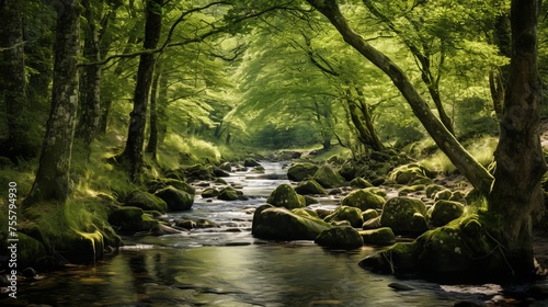 A tranquil forest glen with a babbling brook